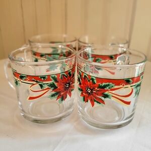 Festive Holiday Glass Mugs -‎ Poinsettia Design - Christmas Coffee Mugs